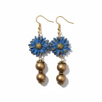 Blue Flower with Gold Bead Earrings