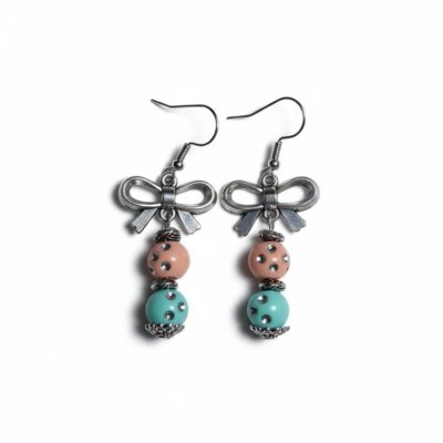 Bow with Turquoise & Pink Bead Earrings