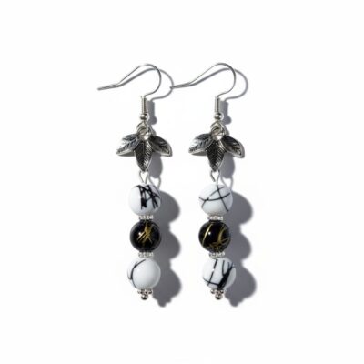 Leaf Charm with Black & White Bead Earrings