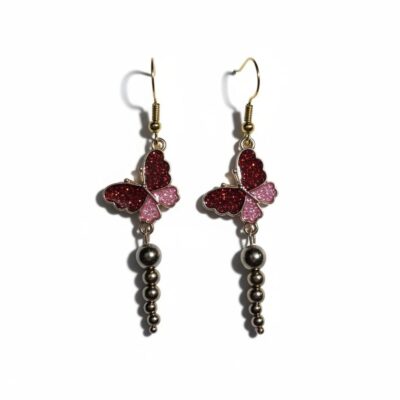 Pink & Red Butterfly with Gold Bead Earrings