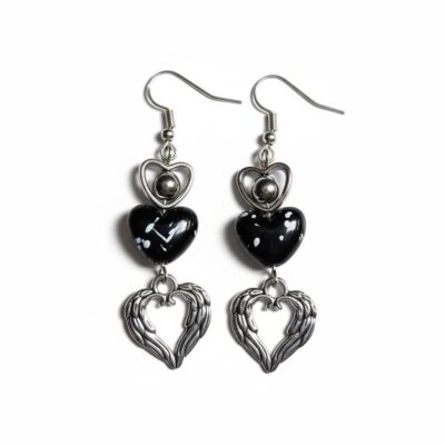 Black Speckled Heart with Silver Earrings