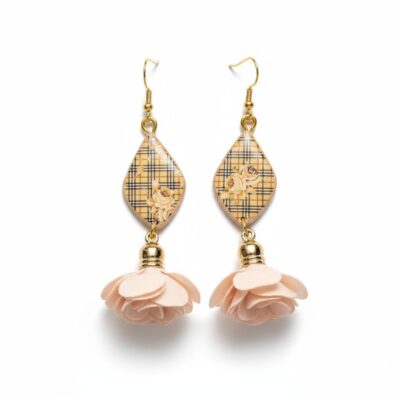 Tan Checkered with Tassel Earrings