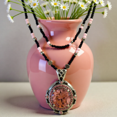 Pink Stone Pendant with Black and Pink Beaded Double Layer Necklace