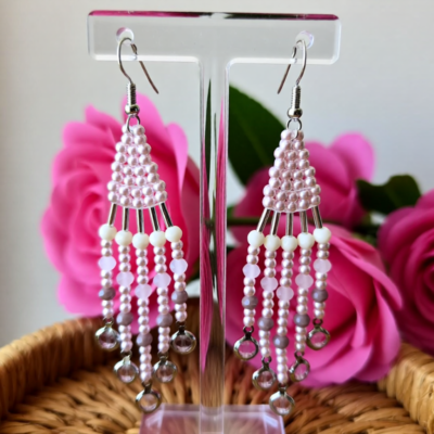 Pink Bead Fringe Earrings