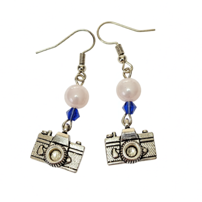 Camera with white and Blue Bead Earrings