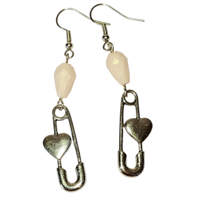 Heart Safety pin with Pastel Pink Bead Earrings