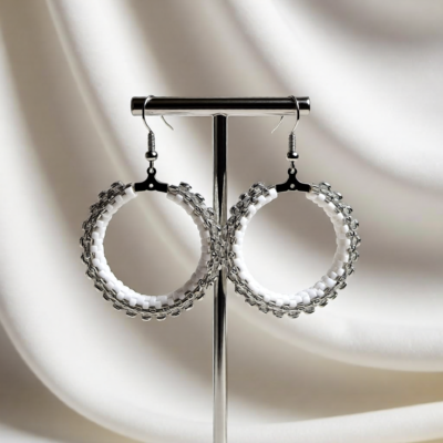 White with Glass Clear Bead Hoop Earrings