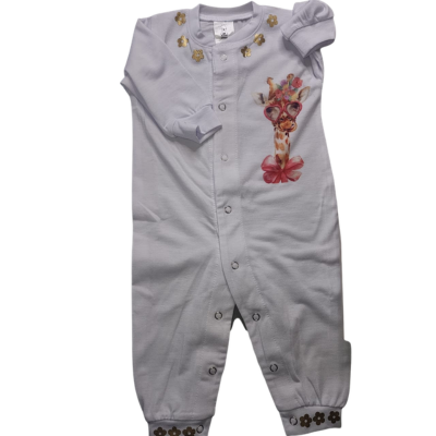White Baby Grow with Giraffe (3-6 Months)
