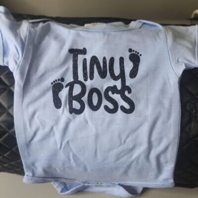 Blue Babysuit (Short Sleeve) 0-3 Months - "Tiny Boss" (Black Glitter Vinyl)