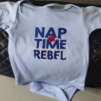 Blue Babysuit Short Sleeve (3-6 Months) - "Nap Time Rebel"